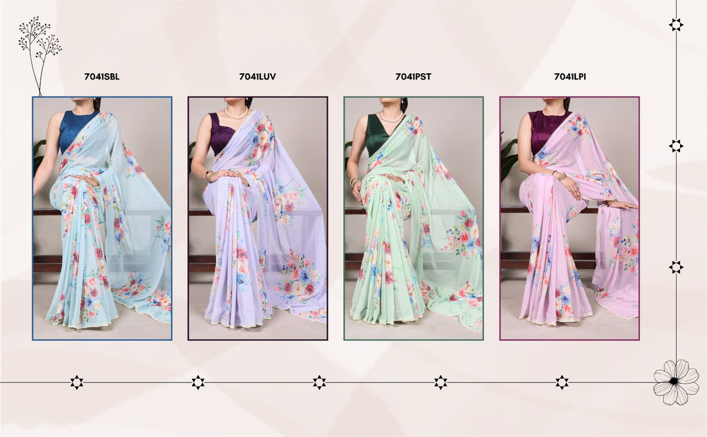 Weightless Floral Printed Saree with Pearl Lace Border & Banglory Blouse – Partywear Collection
