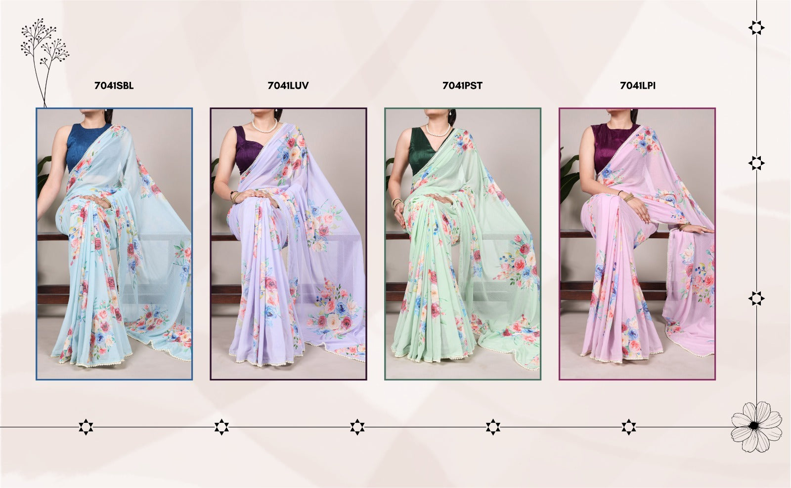 Weightless Floral Printed Saree with Pearl Lace Border & Banglory Blouse – Partywear Collection