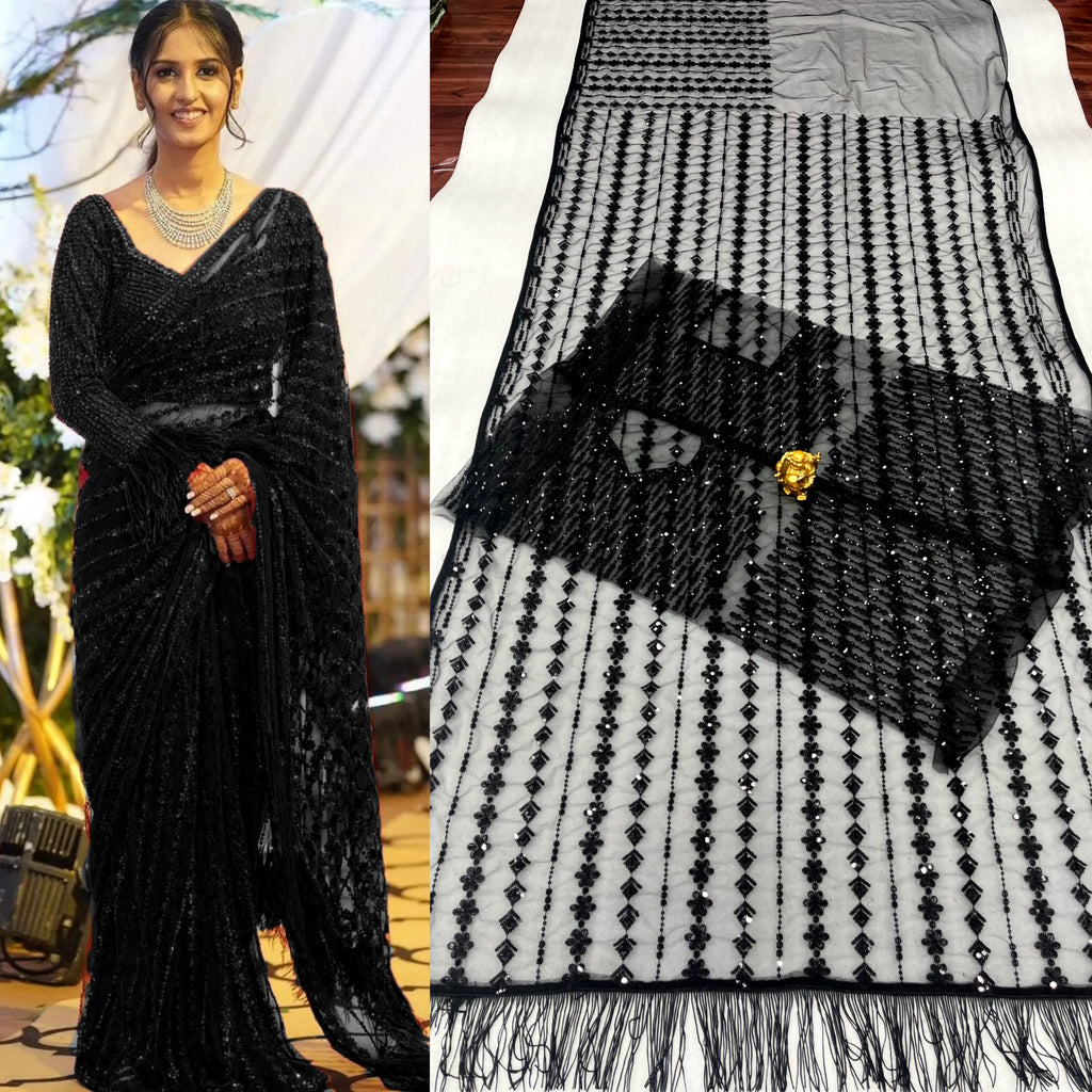 DF 3369 Bollywood Designer Mono Net Saree with Heavy Sequins Embroidery & Net Blouse – Party Wear