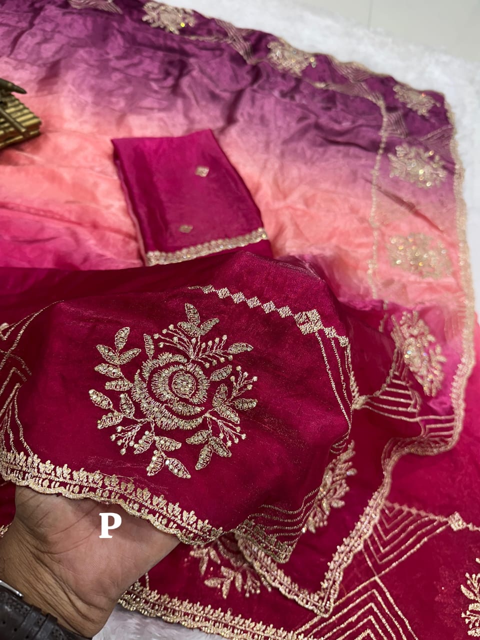 Designer Fandy Satin Saree with 3D Padding, Zari Embroidery & Swarovski Work – Premium Partywear