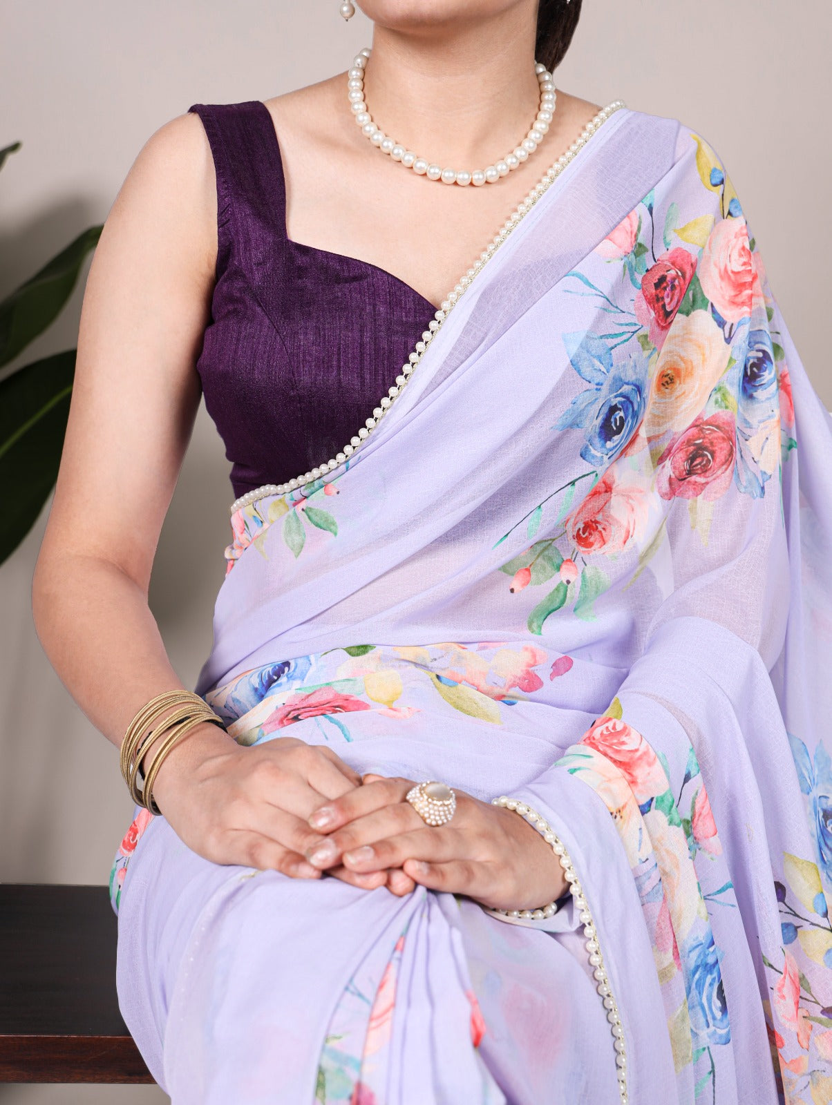 Weightless Floral Printed Saree with Pearl Lace Border & Banglory Blouse – Partywear Collection