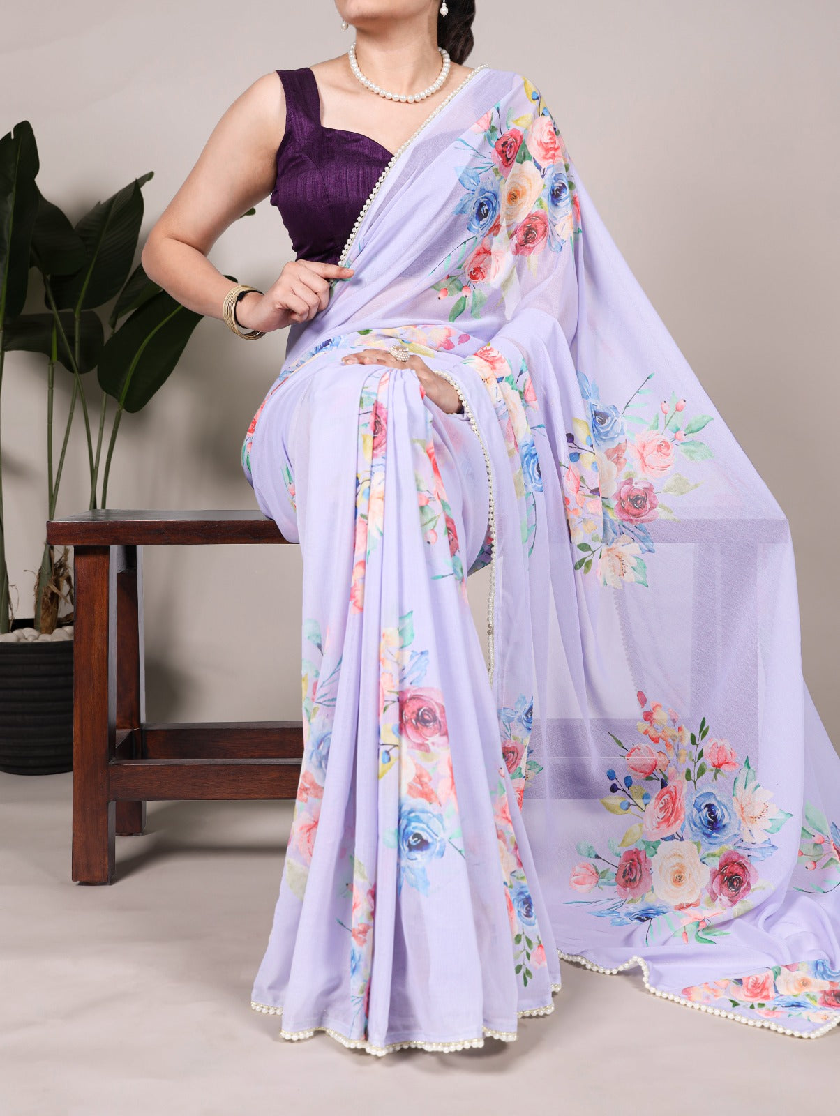 Weightless Floral Printed Saree with Pearl Lace Border & Banglory Blouse – Partywear Collection
