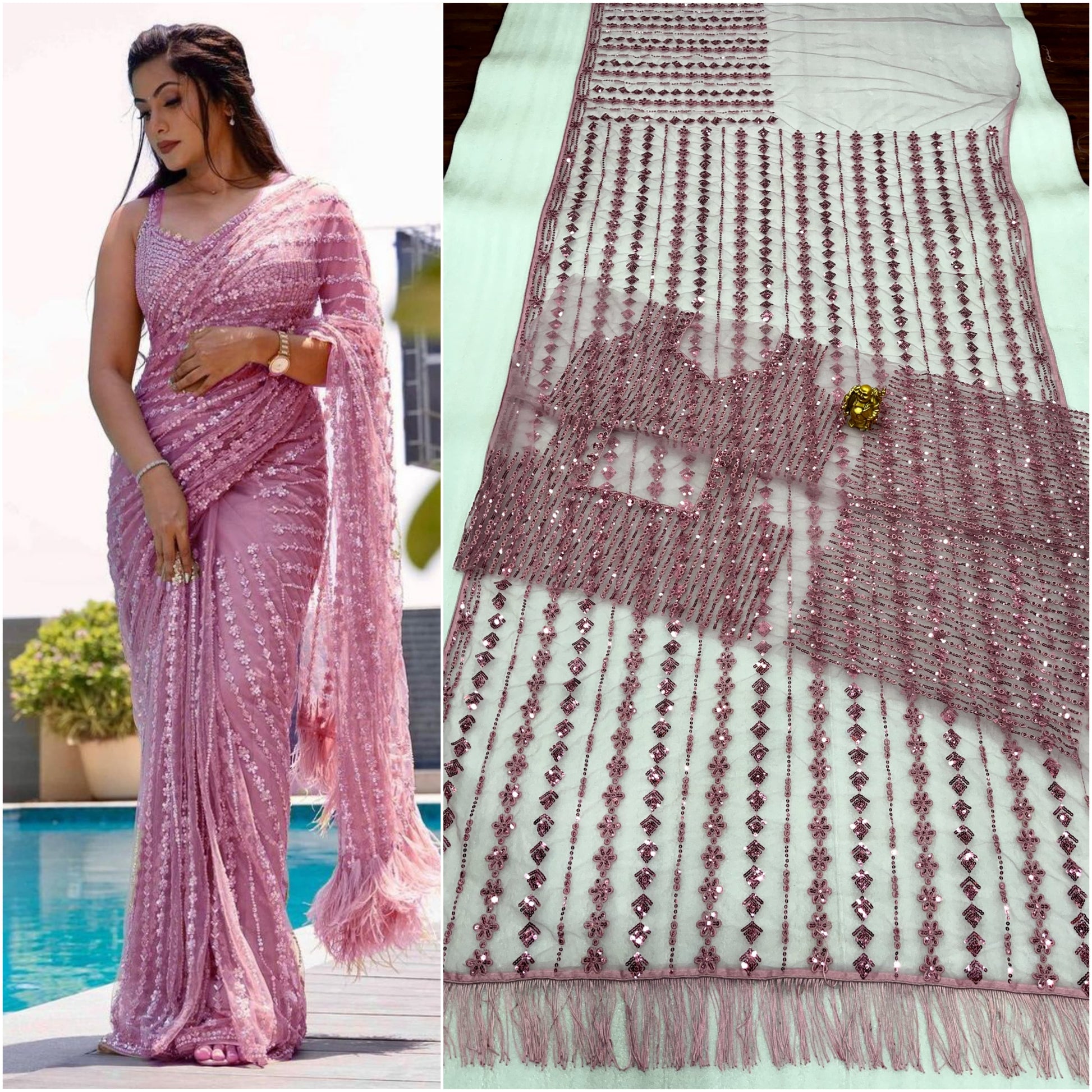 DF 3369 Bollywood Designer Mono Net Saree with Heavy Sequins Embroidery & Net Blouse – Party Wear