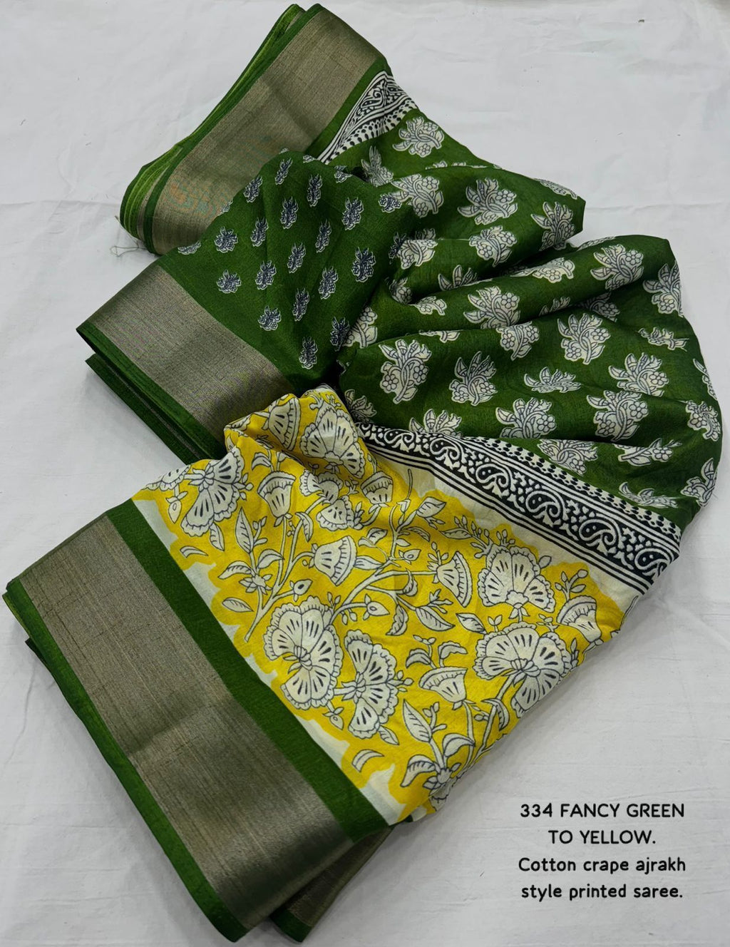 Ajrakh Print Cotton Crepe Saree – Green to Yellow Gradient with Blouse | Daily Wear & Festive Look