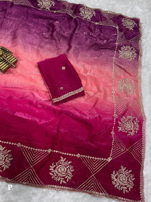 Designer Fandy Satin Saree with 3D Padding, Zari Embroidery & Swarovski Work – Premium Partywear