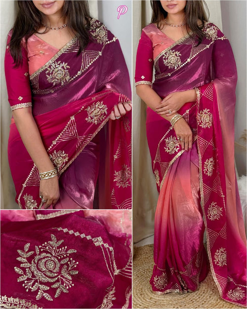 Designer Fandy Satin Saree with 3D Padding, Zari Embroidery & Swarovski Work – Premium Partywear