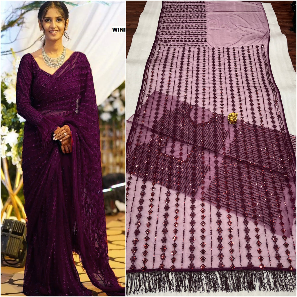 DF 3369 Bollywood Designer Mono Net Saree with Heavy Sequins Embroidery & Net Blouse – Party Wear